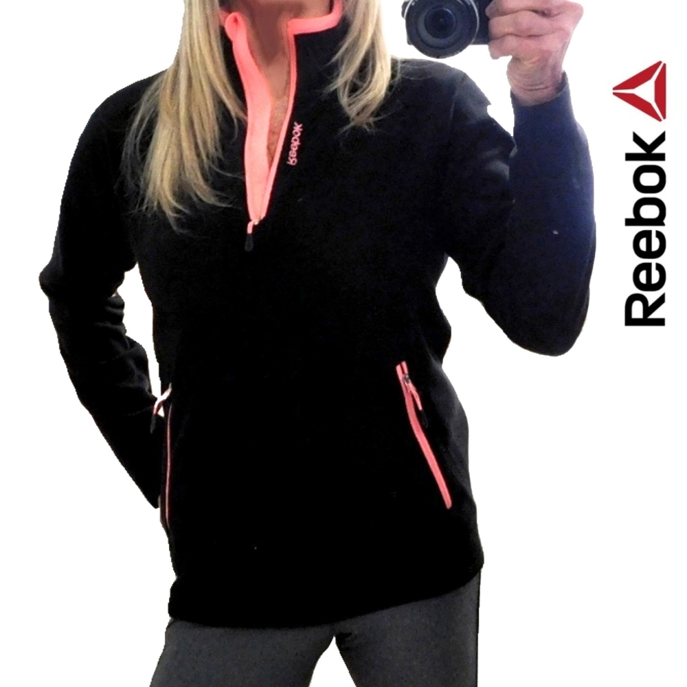 REEBOK WMNS BLK FLEECE 1/2 ZIP ORANGE TRIM PLLOVR - Picture 1 of 6